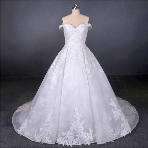 Charming Off The Shoulder Lace Appliques Wedding Dress With Train ...